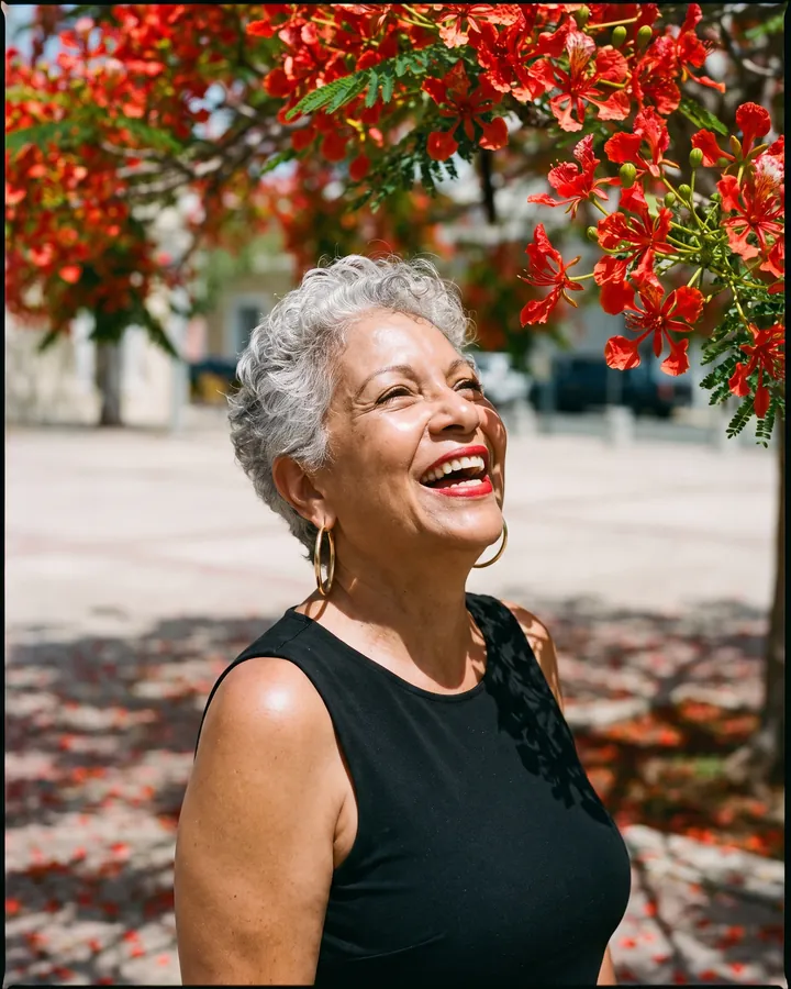 A woman with silver hair laughing under a flamboyán in bloom
