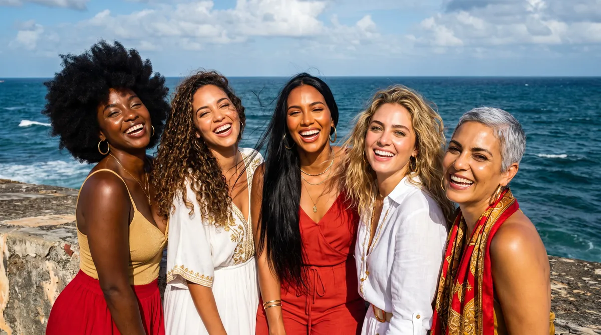Five women laughing together on the San Juan sea wall