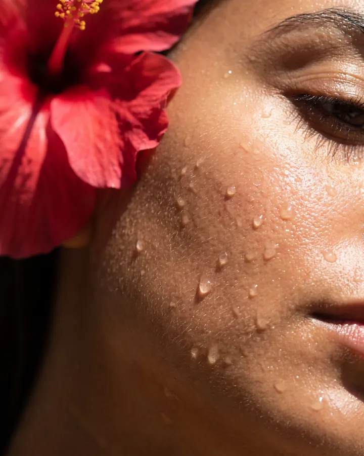 Fine drops of mist on a cheek beside a red hibiscus