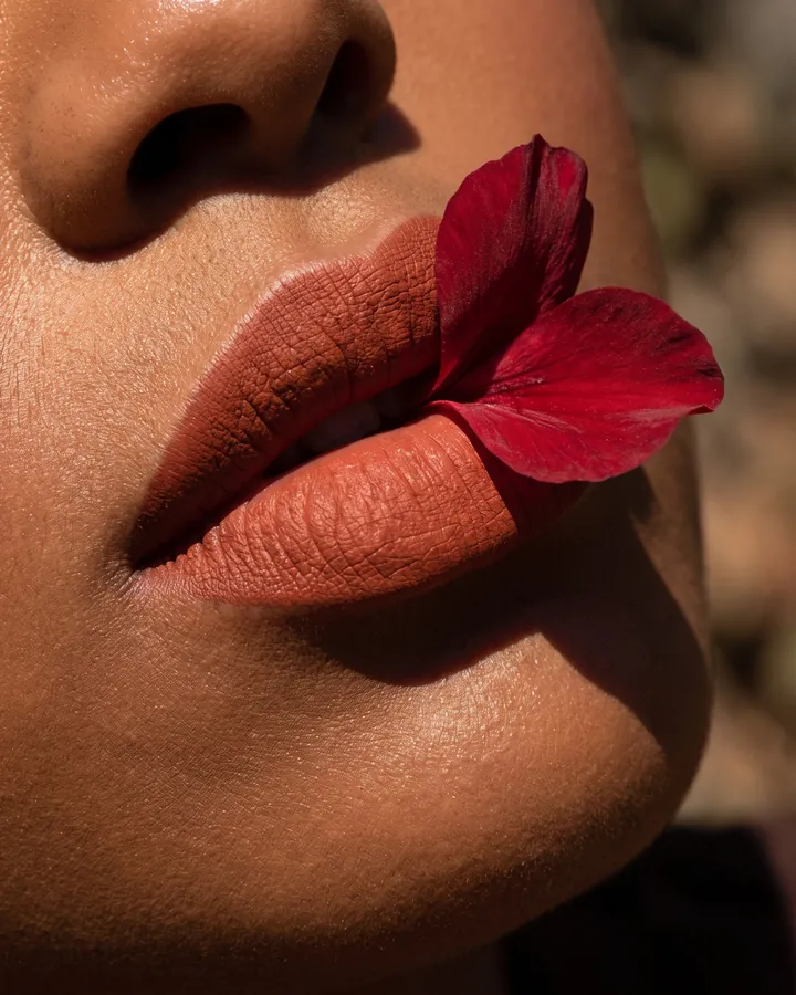 Lips in a matte terracotta color with a red petal at the corner of the mouth