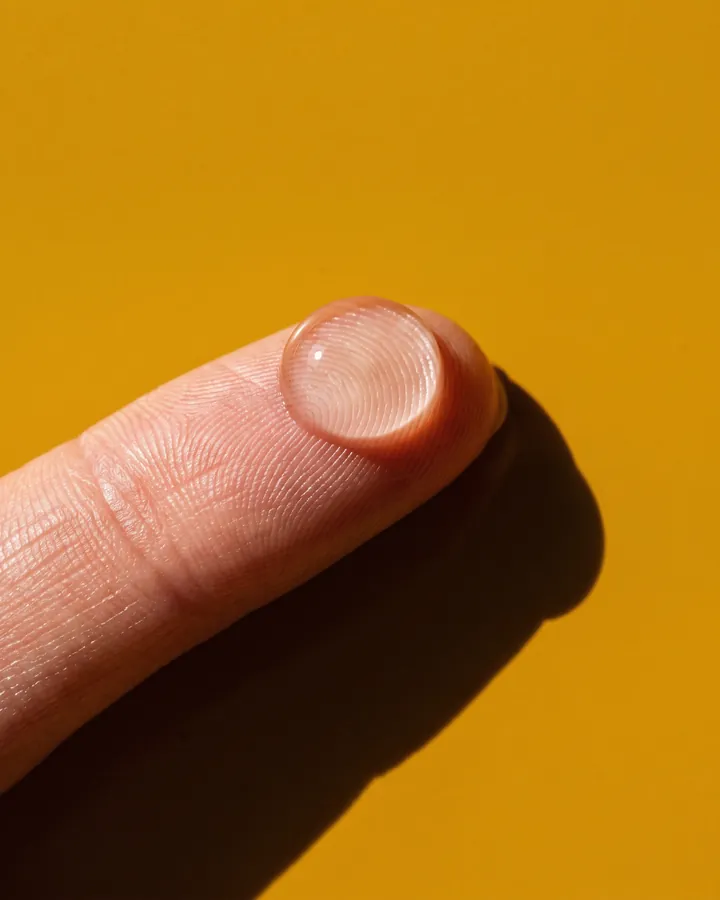 A glossy drop of serum on a fingertip against a golden yellow wall