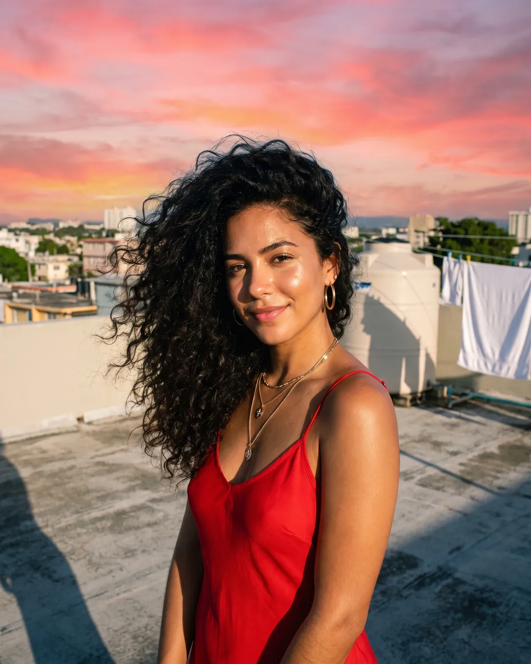 A woman with big dark curls in a red dress on a San Juan rooftop at dusk