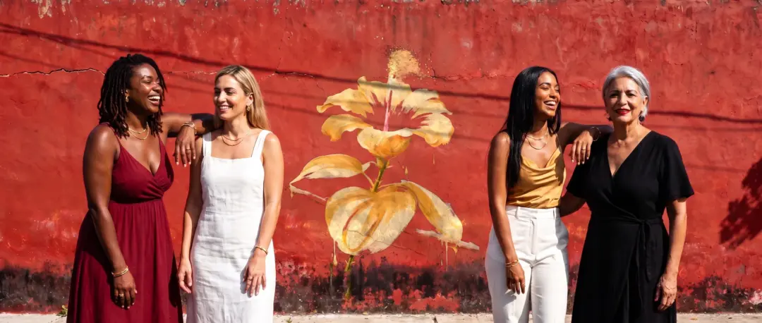Four women in front of the painted Anacaona mural