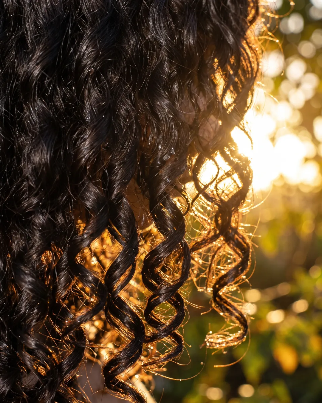 Dark curls catching the late sun